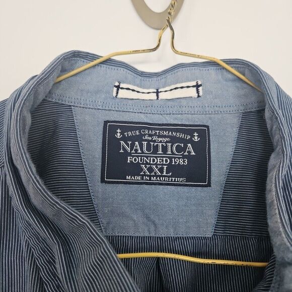 NAUTICA Button Down Shirt Pocket Blue W/slim White Stripes, Mens XXL, Preppy - Picture 2 of 7